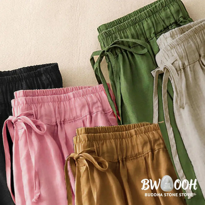 Buddha Stones Summer Elastic Waist Cotton Women’s Capri Cropped Harem Pants With Pockets - Women’s Harem Pants