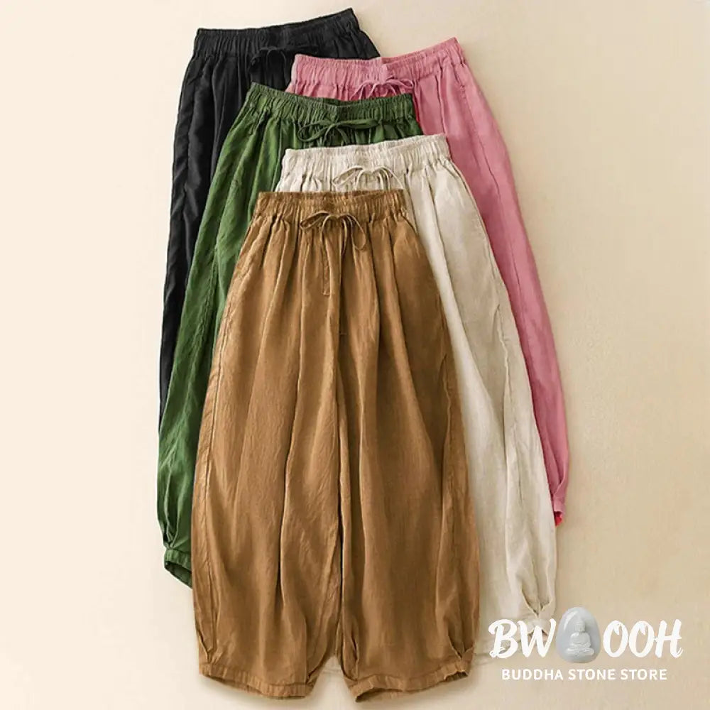 Buddha Stones Summer Elastic Waist Cotton Women’s Capri Cropped Harem Pants With Pockets - Women’s Harem Pants