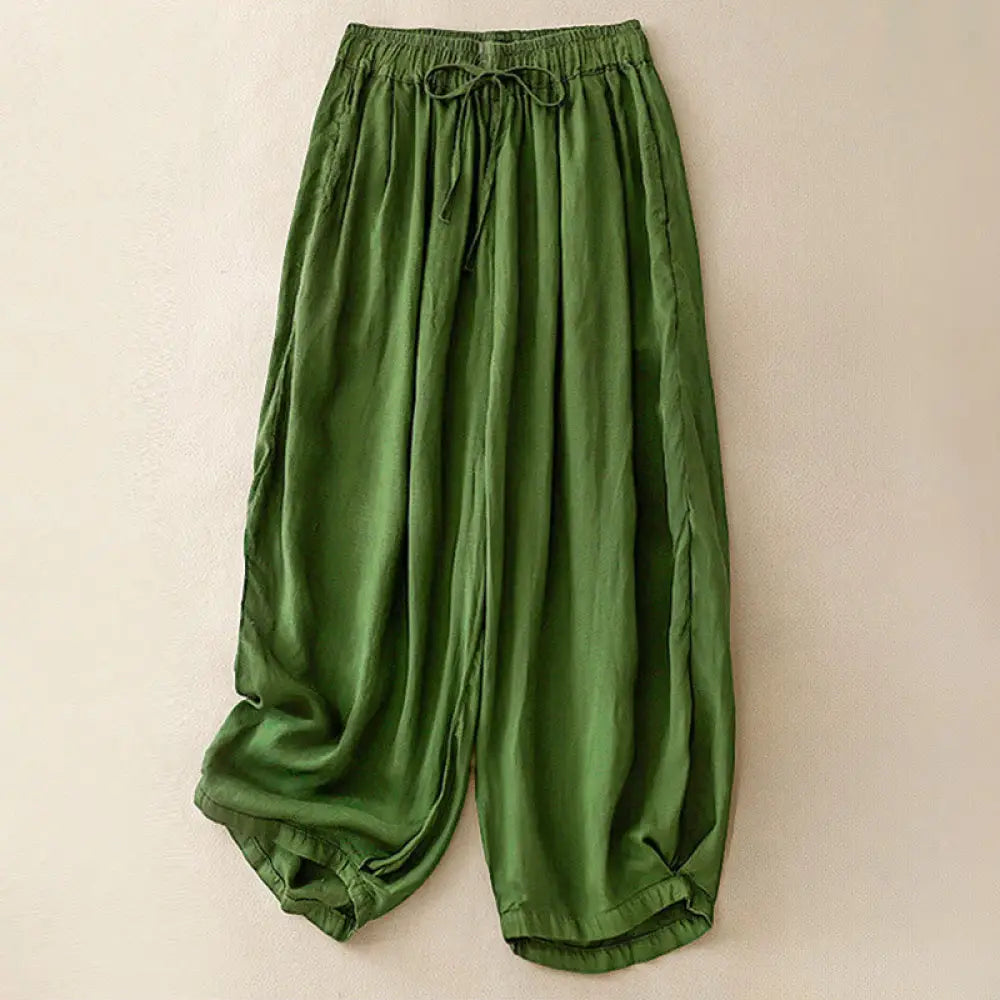 Buddha Stones Summer Elastic Waist Cotton Women’s Capri Cropped Harem Pants With Pockets - SeaGreen / US4，UK/AU8，EU36