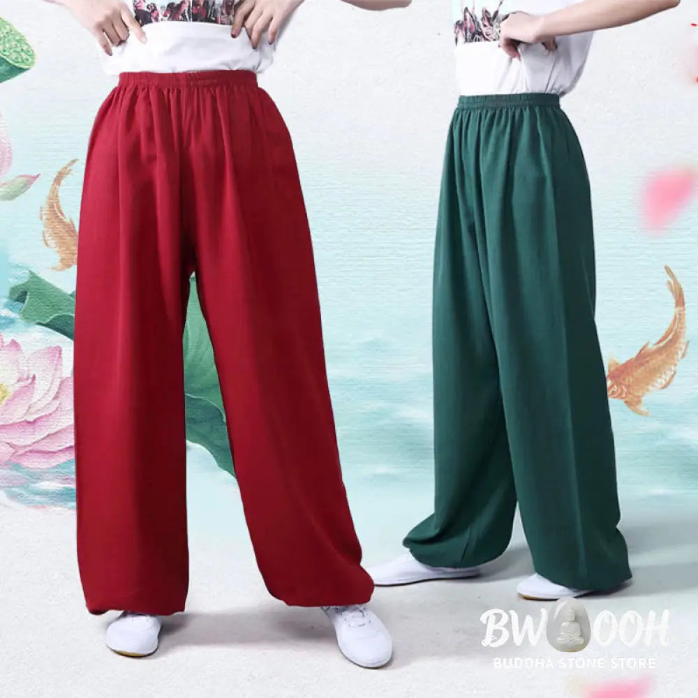 Buddha Stones Summer Elastic Waist Tai Chi Qigong Practice Cotton Linen Unisex Pants - Unisex Pants