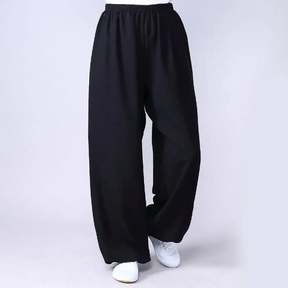 Buddha Stones Summer Elastic Waist Tai Chi Qigong Practice Cotton Linen Unisex Pants - Black / XS-FIT FOR