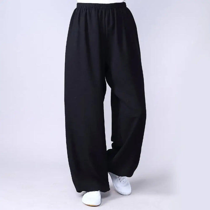 Buddha Stones Summer Elastic Waist Tai Chi Qigong Practice Cotton Linen Unisex Pants - Black / XS-FIT FOR