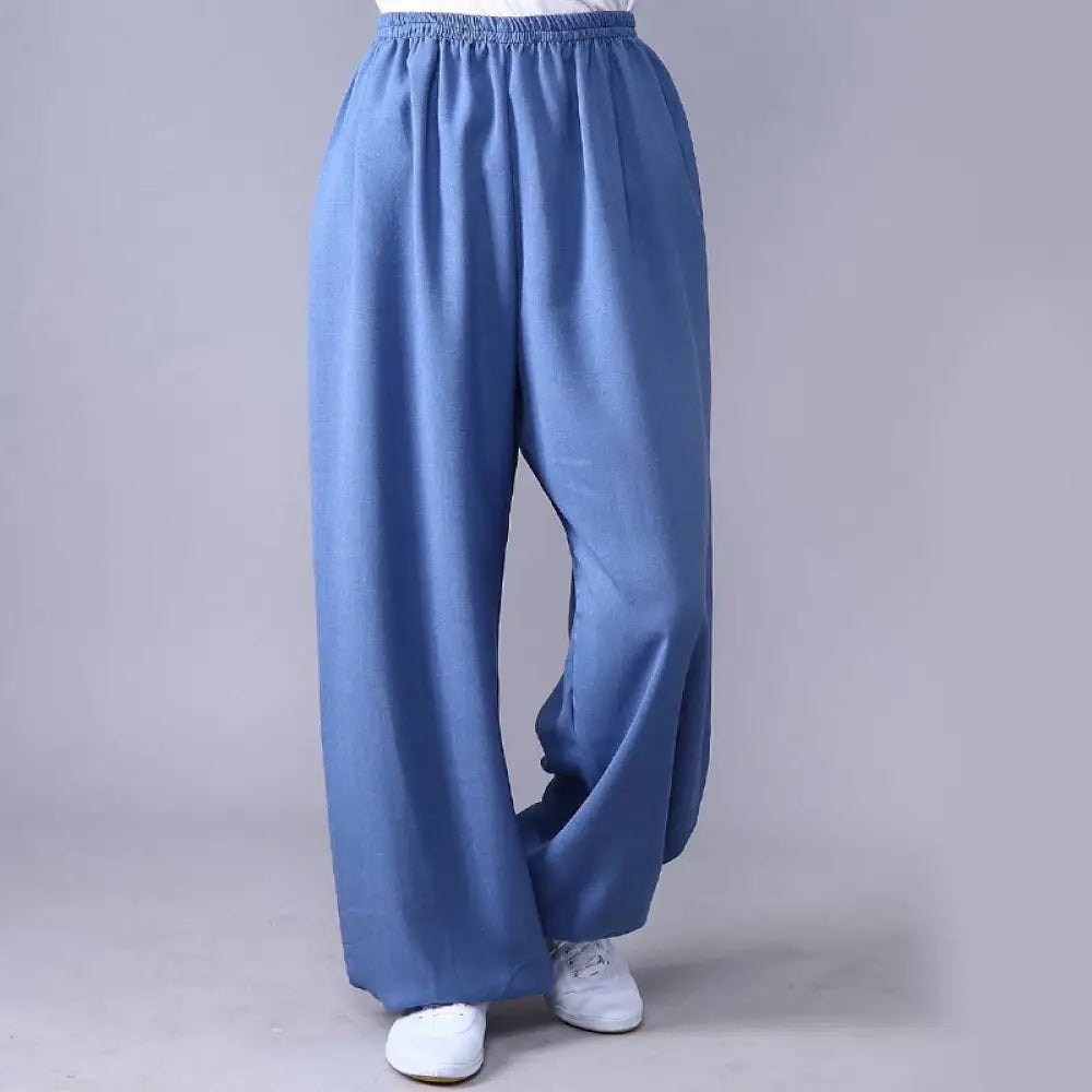 Buddha Stones Summer Elastic Waist Tai Chi Qigong Practice Cotton Linen Unisex Pants - CornflowerBlue / XS-FIT FOR
