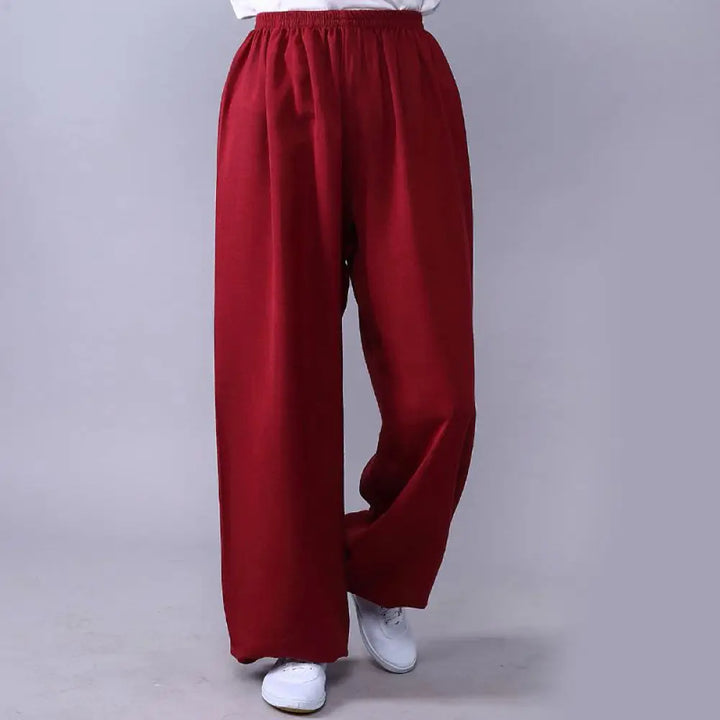 Buddha Stones Summer Elastic Waist Tai Chi Qigong Practice Cotton Linen Unisex Pants - Crimson / XS-FIT FOR