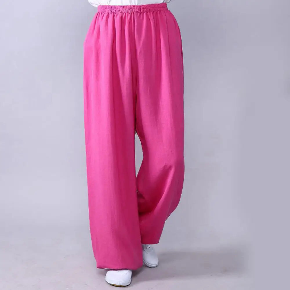 Buddha Stones Summer Elastic Waist Tai Chi Qigong Practice Cotton Linen Unisex Pants - HotPink / XS-FIT FOR