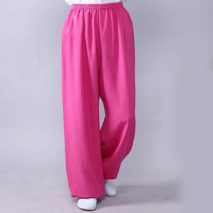Buddha Stones Summer Elastic Waist Tai Chi Qigong Practice Cotton Linen Unisex Pants - HotPink / XS-FIT FOR