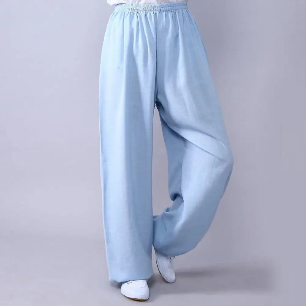 Buddha Stones Summer Elastic Waist Tai Chi Qigong Practice Cotton Linen Unisex Pants - LightCyan / XS-FIT FOR