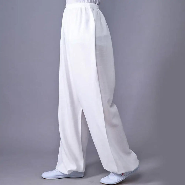 Buddha Stones Summer Elastic Waist Tai Chi Qigong Practice Cotton Linen Unisex Pants - White / XS-FIT FOR