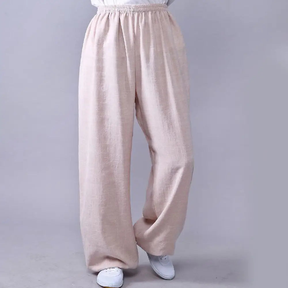 Buddha Stones Summer Elastic Waist Tai Chi Qigong Practice Cotton Linen Unisex Pants - Linen / XS-FIT FOR