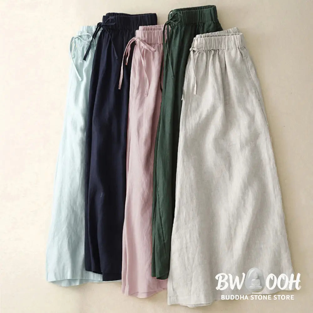 Buddha Stones Summer Elastic Waist Women’s Capri Cropped Wide Leg Pants With Pockets - Women’s Wide Leg Pants