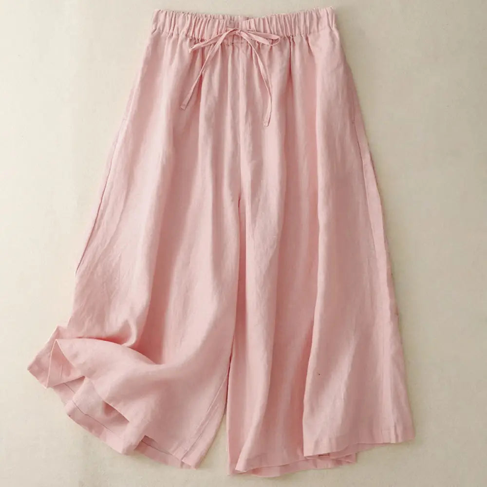Buddha Stones Summer Elastic Waist Women’s Capri Cropped Wide Leg Pants With Pockets - LightPink / US4，UK/AU8，EU36 (M)