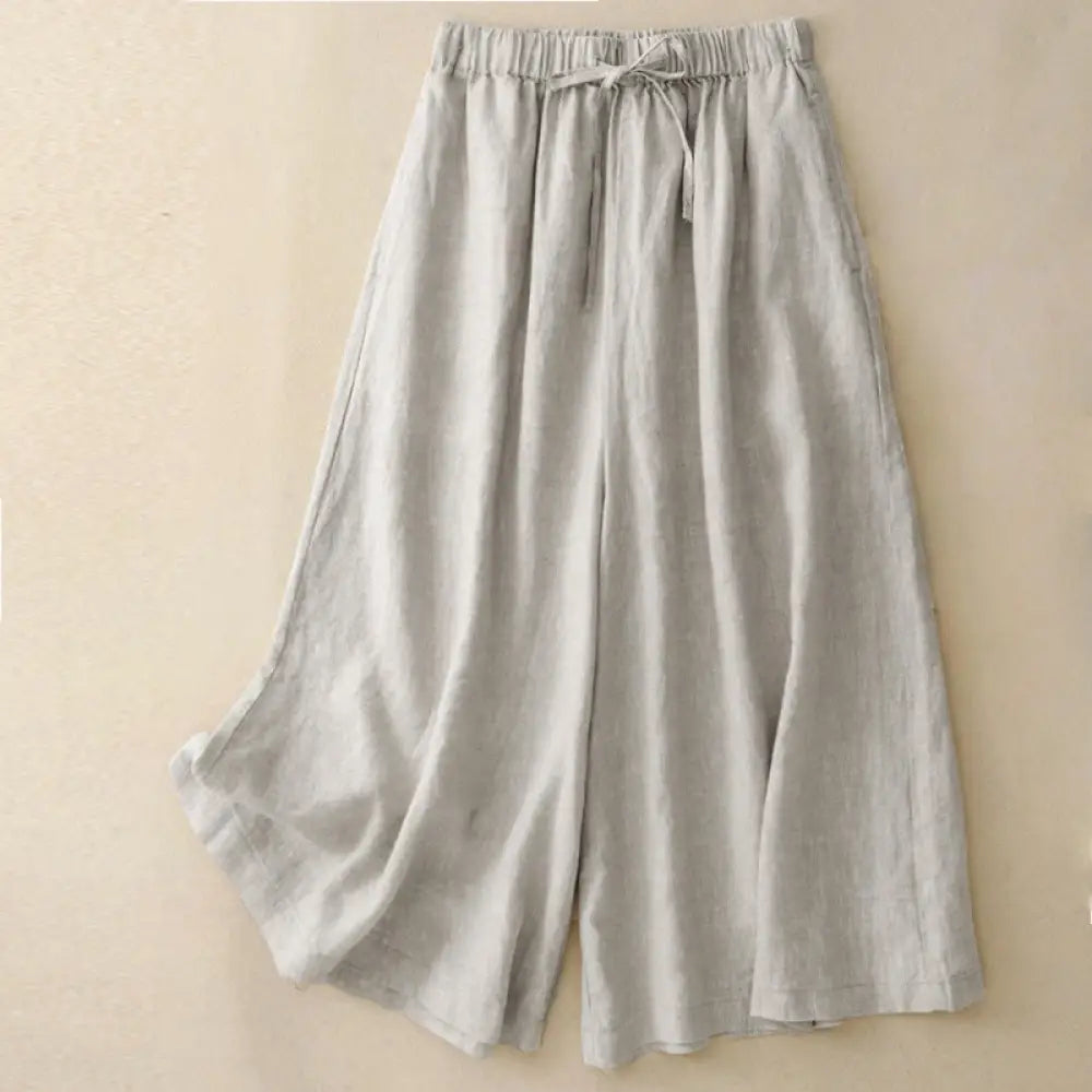 Buddha Stones Summer Elastic Waist Women’s Capri Cropped Wide Leg Pants With Pockets - Linen / US4，UK/AU8，EU36 (M)