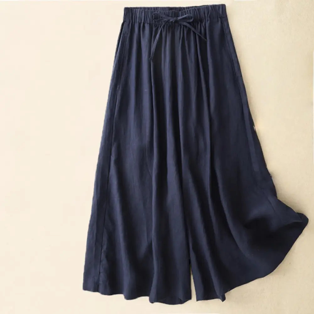 Buddha Stones Summer Elastic Waist Women’s Capri Cropped Wide Leg Pants With Pockets - Navy / US4，UK/AU8，EU36 (M)