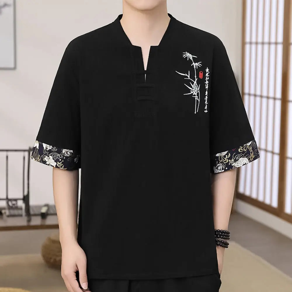 Buddha Stones Summer Embroidery Bamboo Pattern Patchwork Design Men’s Half Sleeve Cotton Linen T-Shirt - Black