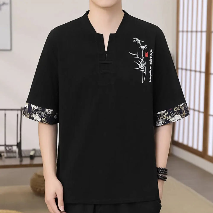 Buddha Stones Summer Embroidery Bamboo Pattern Patchwork Design Men’s Half Sleeve Cotton Linen T-Shirt - Black