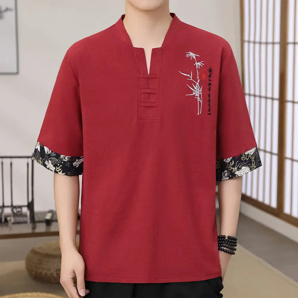 Buddha Stones Summer Embroidery Bamboo Pattern Patchwork Design Men’s Half Sleeve Cotton Linen T-Shirt - Crimson