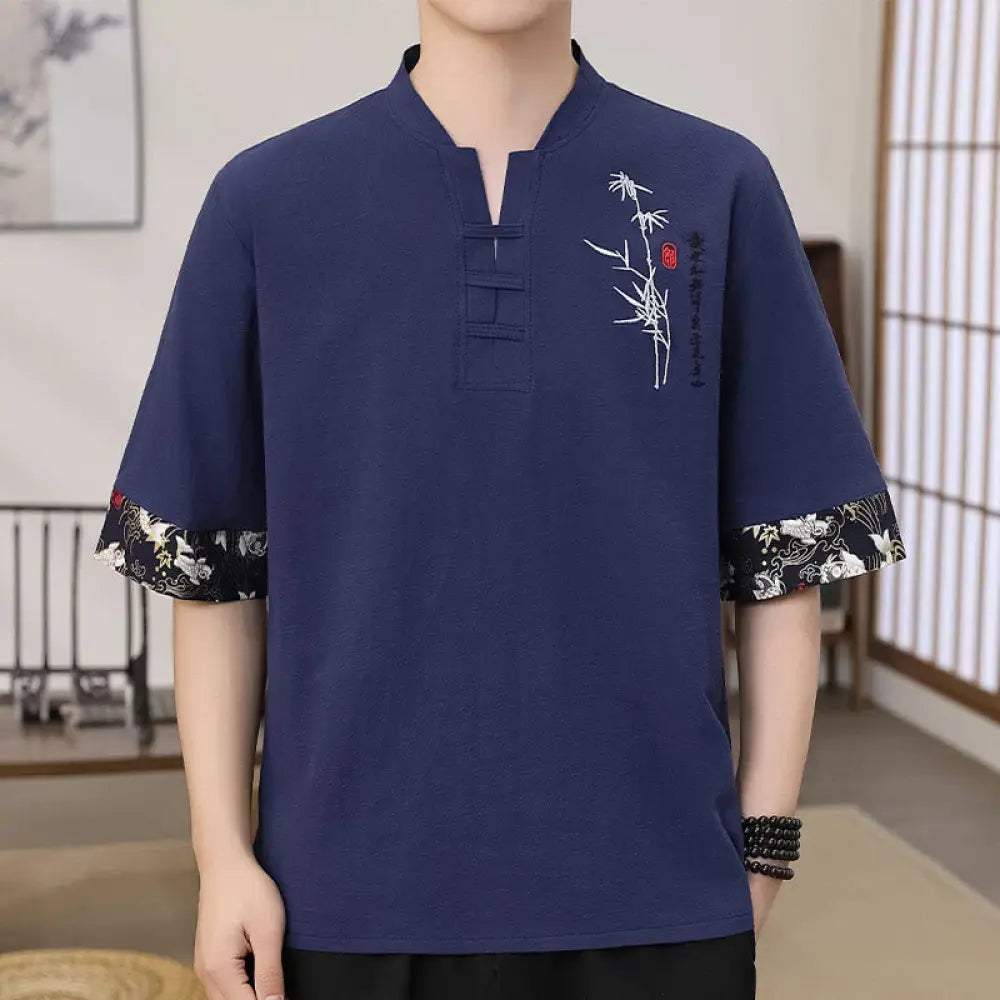 Buddha Stones Summer Embroidery Bamboo Pattern Patchwork Design Men’s Half Sleeve Cotton Linen T-Shirt - DarkSlateBlue