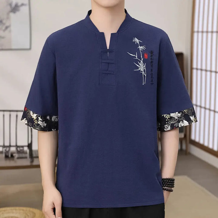 Buddha Stones Summer Embroidery Bamboo Pattern Patchwork Design Men’s Half Sleeve Cotton Linen T-Shirt - DarkSlateBlue