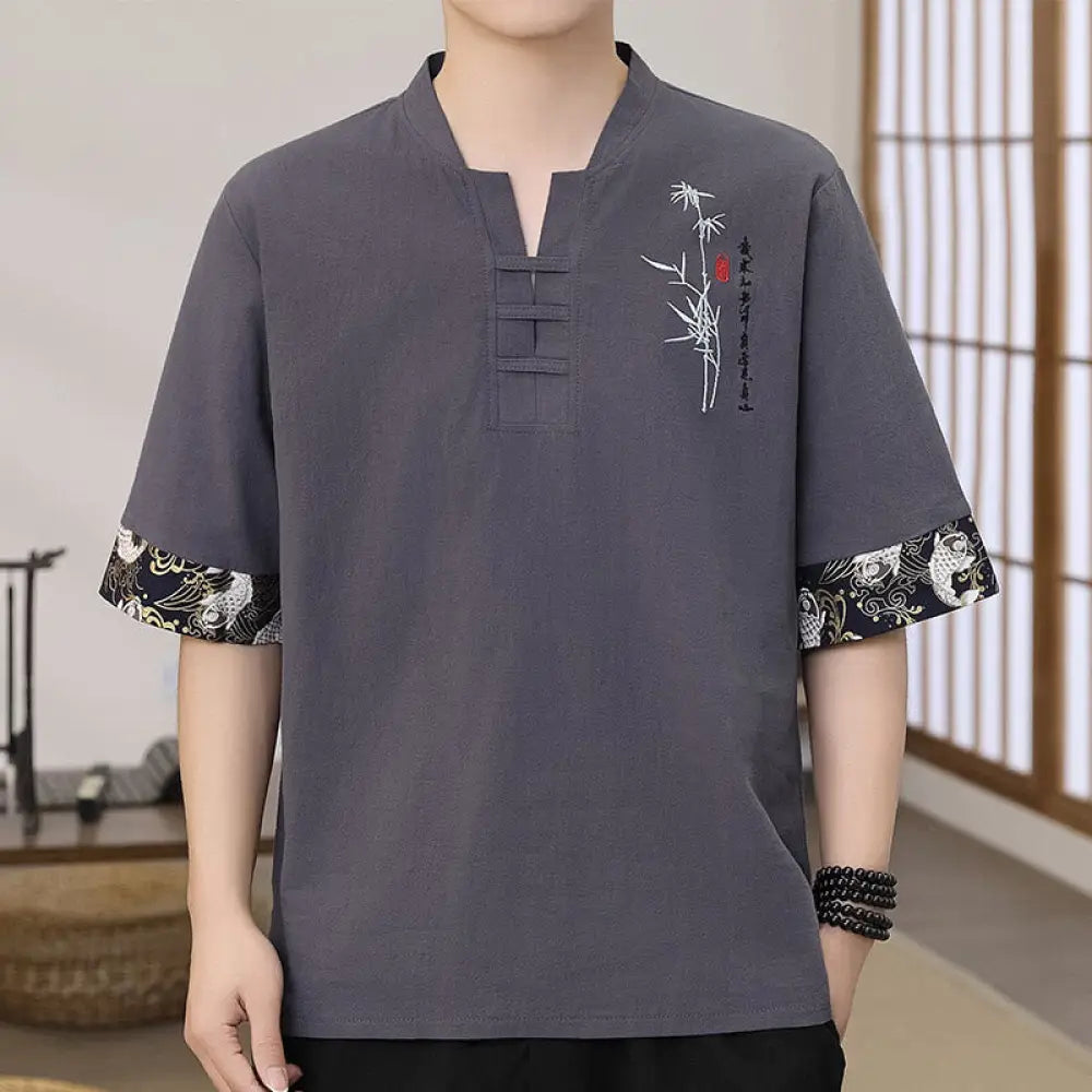 Buddha Stones Summer Embroidery Bamboo Pattern Patchwork Design Men’s Half Sleeve Cotton Linen T-Shirt - SlateGray