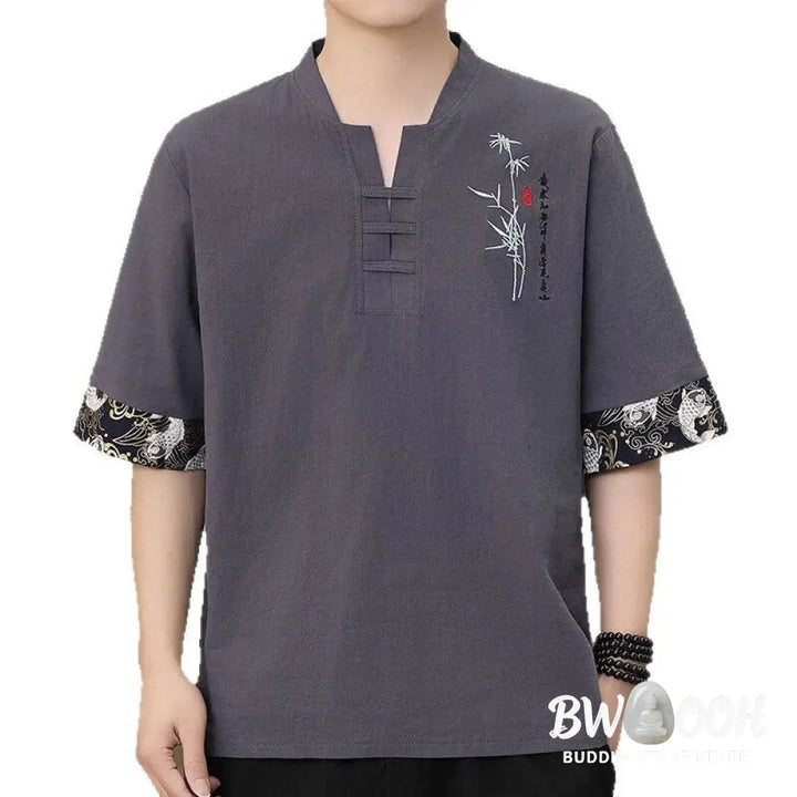 Buddha Stones Summer Embroidery Bamboo Pattern Patchwork Design Men’s Half Sleeve Cotton Linen T-Shirt - Women’s