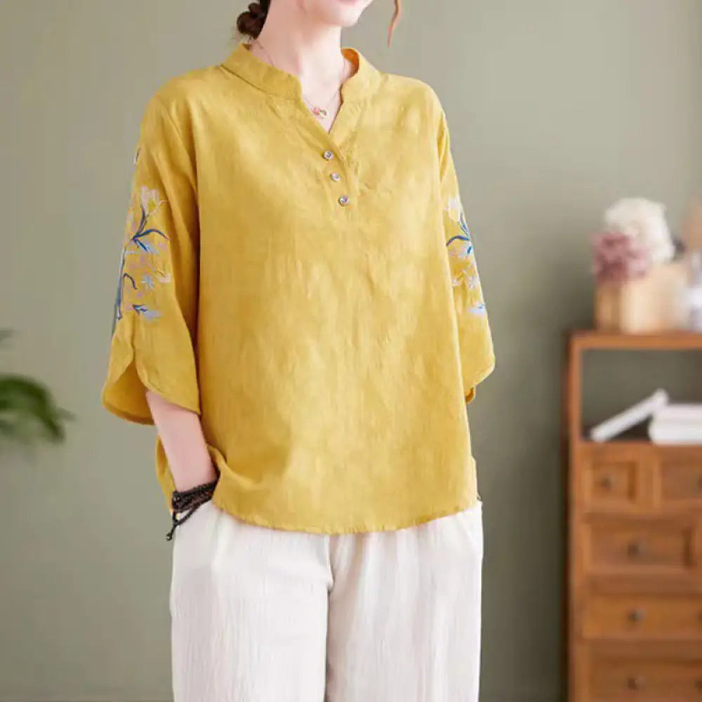 Buddha Stones Summer Embroidery Flower Three Quarter Sleeve Design Women’s Cotton Linen Notched Collar Shirt - Gold