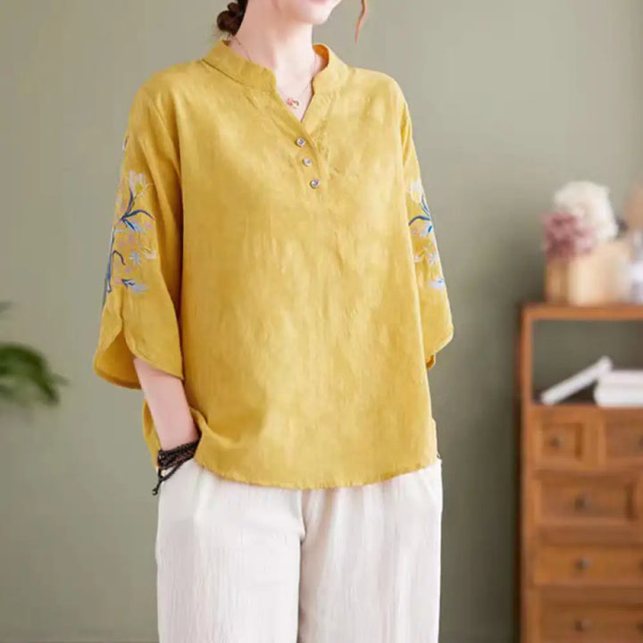 Buddha Stones Summer Embroidery Flower Three Quarter Sleeve Design Women’s Cotton Linen Notched Collar Shirt - Gold