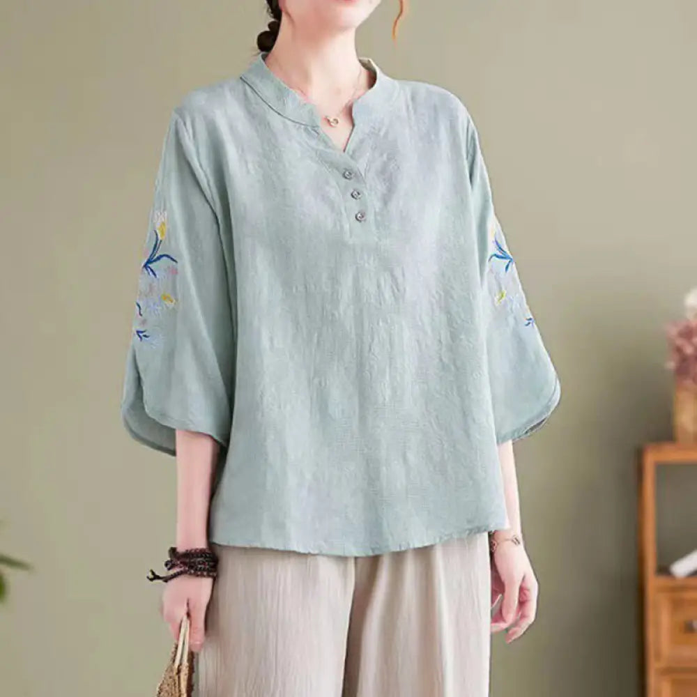 Buddha Stones Summer Embroidery Flower Three Quarter Sleeve Design Women’s Cotton Linen Notched Collar Shirt