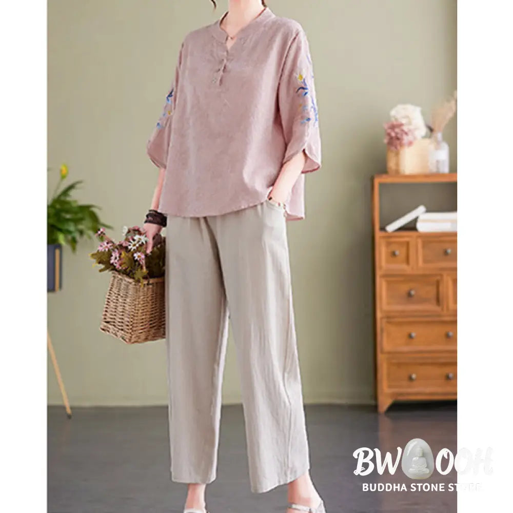 Buddha Stones Summer Embroidery Flower Three Quarter Sleeve Design Women’s Cotton Linen Notched Collar Shirt - Women’s