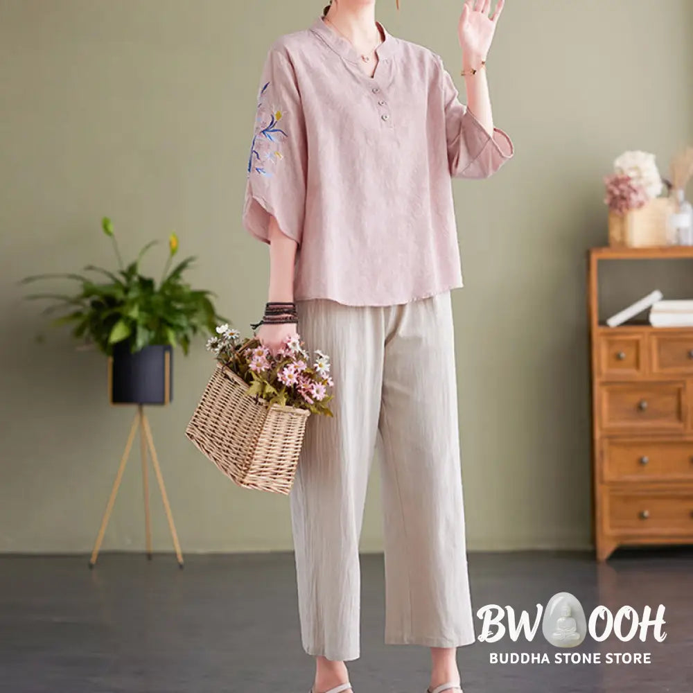 Buddha Stones Summer Embroidery Flower Three Quarter Sleeve Design Women’s Cotton Linen Notched Collar Shirt - Women’s