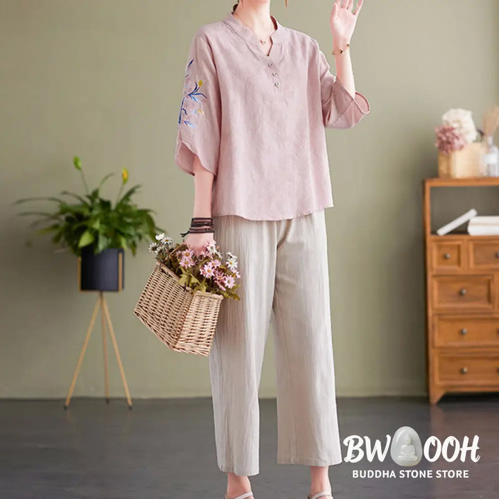 Buddha Stones Summer Embroidery Flower Three Quarter Sleeve Design Women’s Cotton Linen Notched Collar Shirt - Women’s