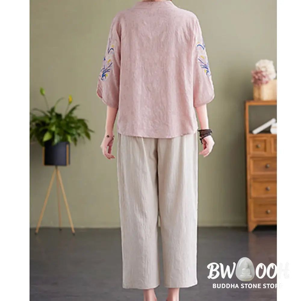 Buddha Stones Summer Embroidery Flower Three Quarter Sleeve Design Women’s Cotton Linen Notched Collar Shirt - Women’s