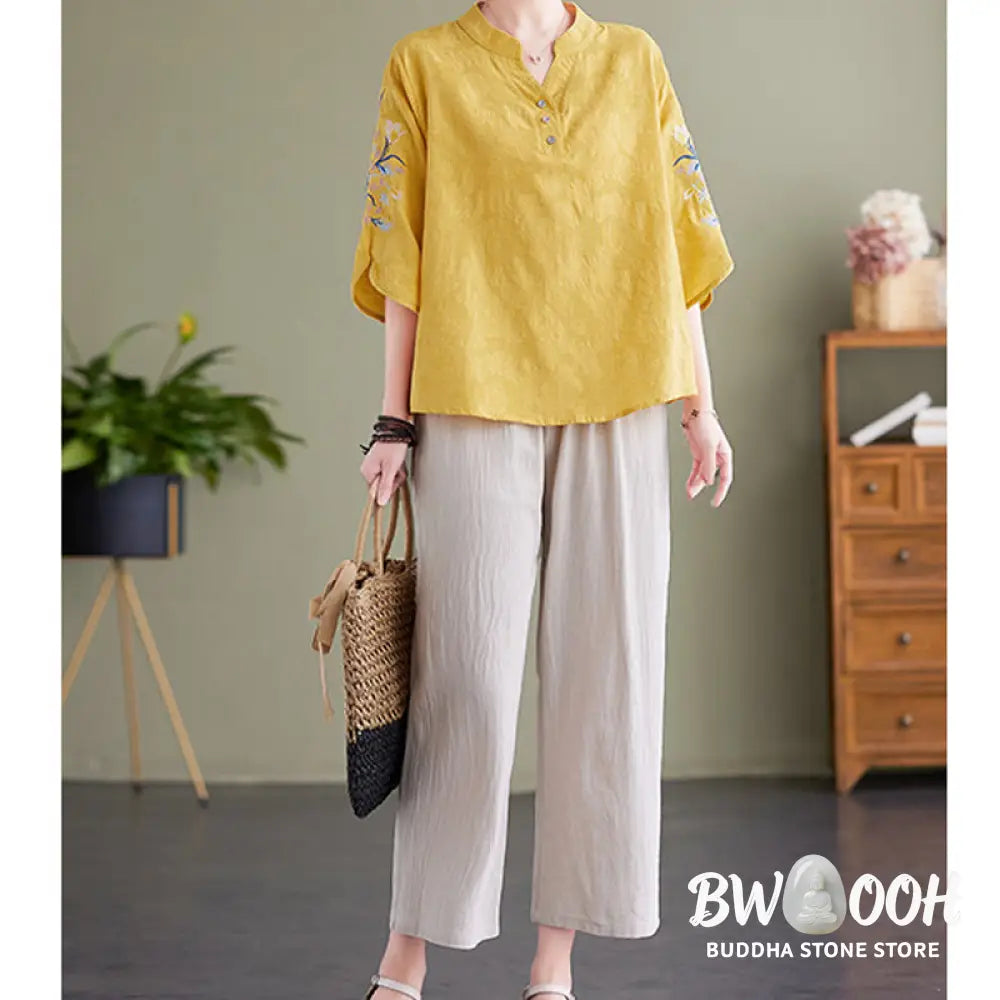 Buddha Stones Summer Embroidery Flower Three Quarter Sleeve Design Women’s Cotton Linen Notched Collar Shirt - Women’s