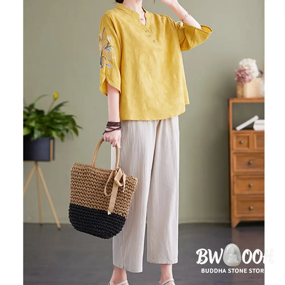 Buddha Stones Summer Embroidery Flower Three Quarter Sleeve Design Women’s Cotton Linen Notched Collar Shirt - Women’s