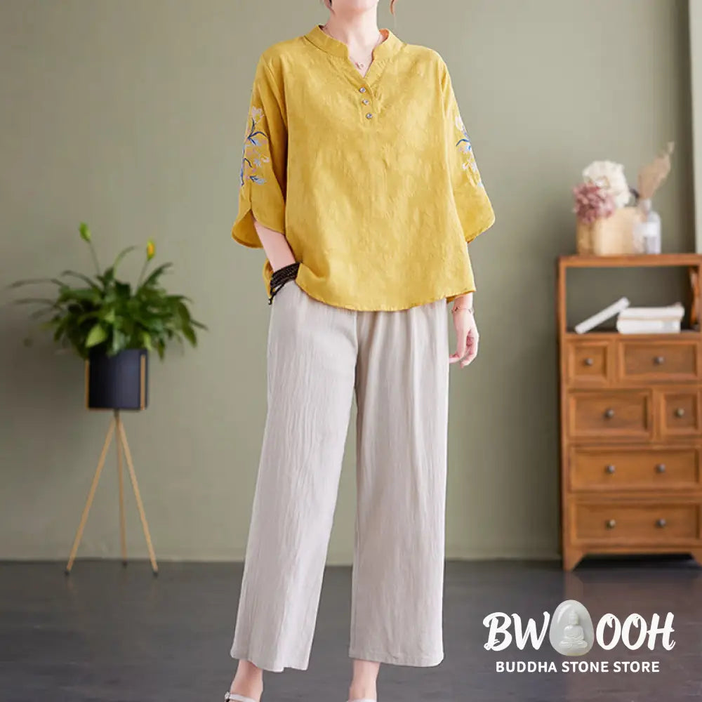 Buddha Stones Summer Embroidery Flower Three Quarter Sleeve Design Women’s Cotton Linen Notched Collar Shirt - Women’s