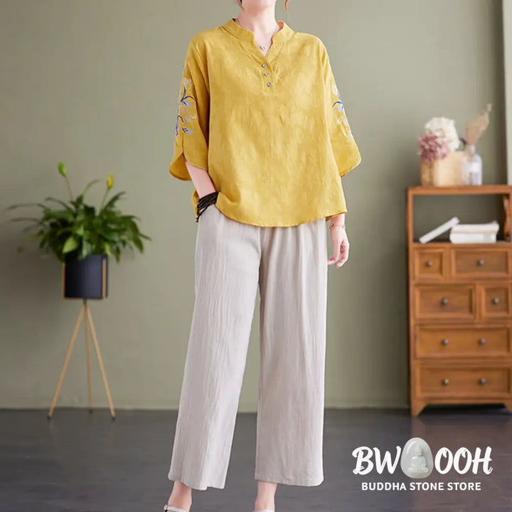 Buddha Stones Summer Embroidery Flower Three Quarter Sleeve Design Women’s Cotton Linen Notched Collar Shirt - Women’s