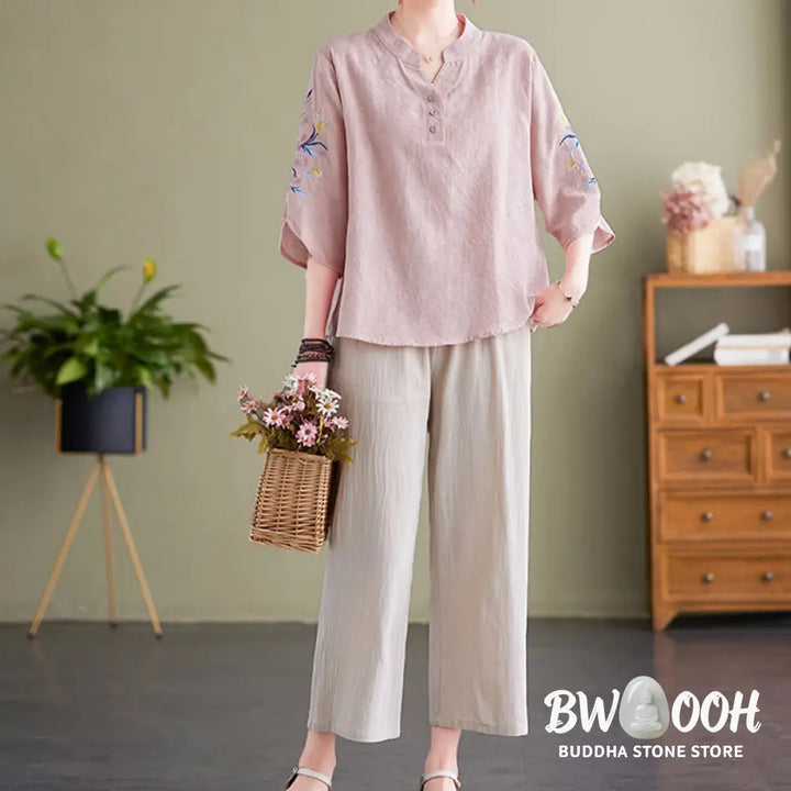 Buddha Stones Summer Embroidery Flower Three Quarter Sleeve Design Women’s Cotton Linen Notched Collar Shirt - Women’s