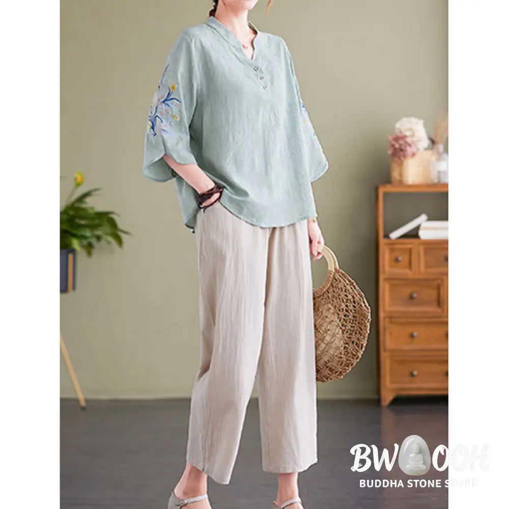 Buddha Stones Summer Embroidery Flower Three Quarter Sleeve Design Women’s Cotton Linen Notched Collar Shirt - Women’s