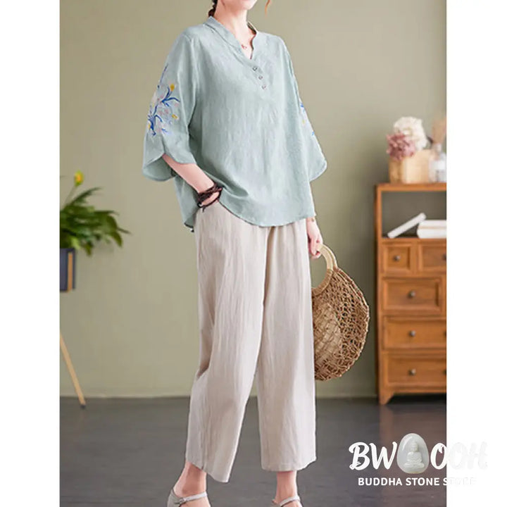 Buddha Stones Summer Embroidery Flower Three Quarter Sleeve Design Women’s Cotton Linen Notched Collar Shirt - Women’s