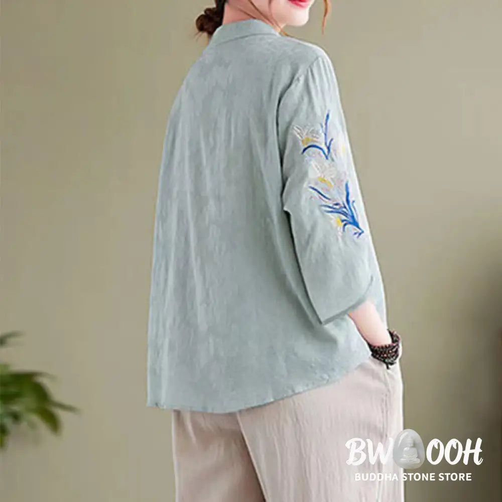 Buddha Stones Summer Embroidery Flower Three Quarter Sleeve Design Women’s Cotton Linen Notched Collar Shirt - Women’s