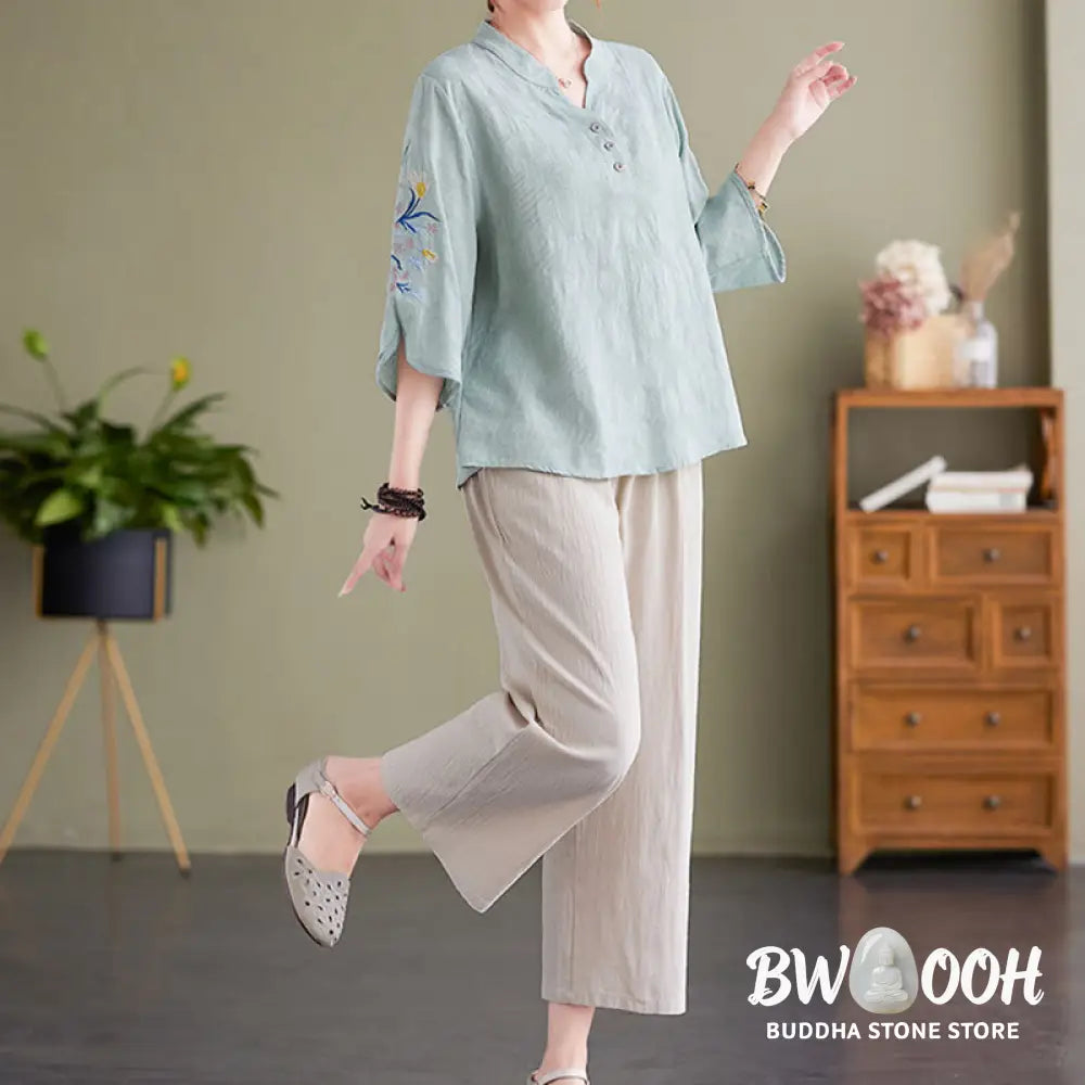 Buddha Stones Summer Embroidery Flower Three Quarter Sleeve Design Women’s Cotton Linen Notched Collar Shirt - Women’s