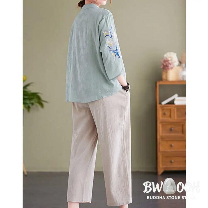 Buddha Stones Summer Embroidery Flower Three Quarter Sleeve Design Women’s Cotton Linen Notched Collar Shirt - Women’s