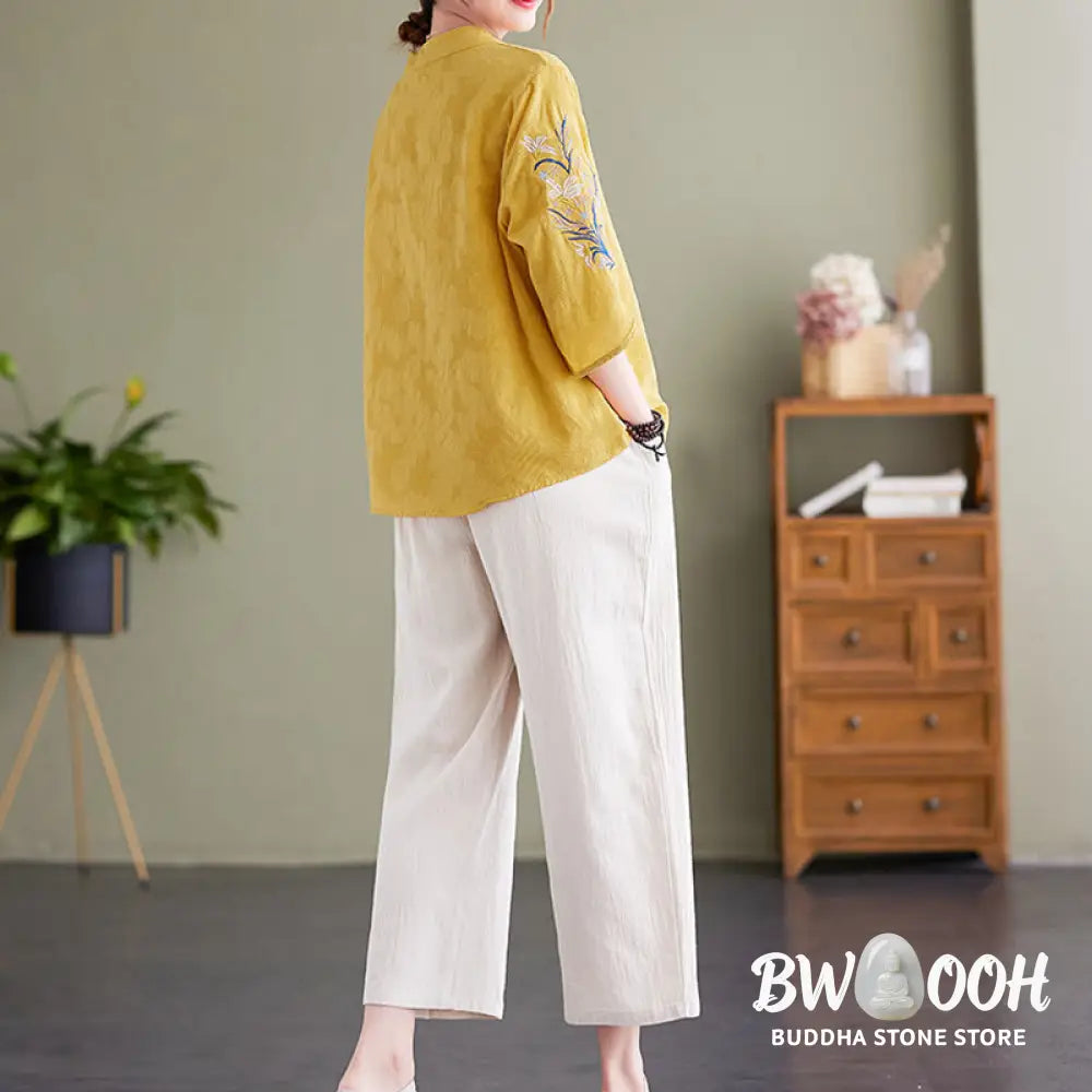 Buddha Stones Summer Embroidery Flower Three Quarter Sleeve Design Women’s Cotton Linen Notched Collar Shirt - Women’s