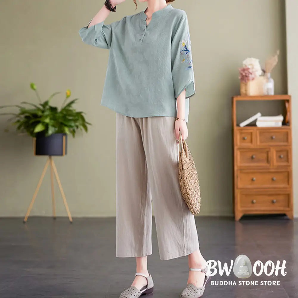 Buddha Stones Summer Embroidery Flower Three Quarter Sleeve Design Women’s Cotton Linen Notched Collar Shirt - Women’s