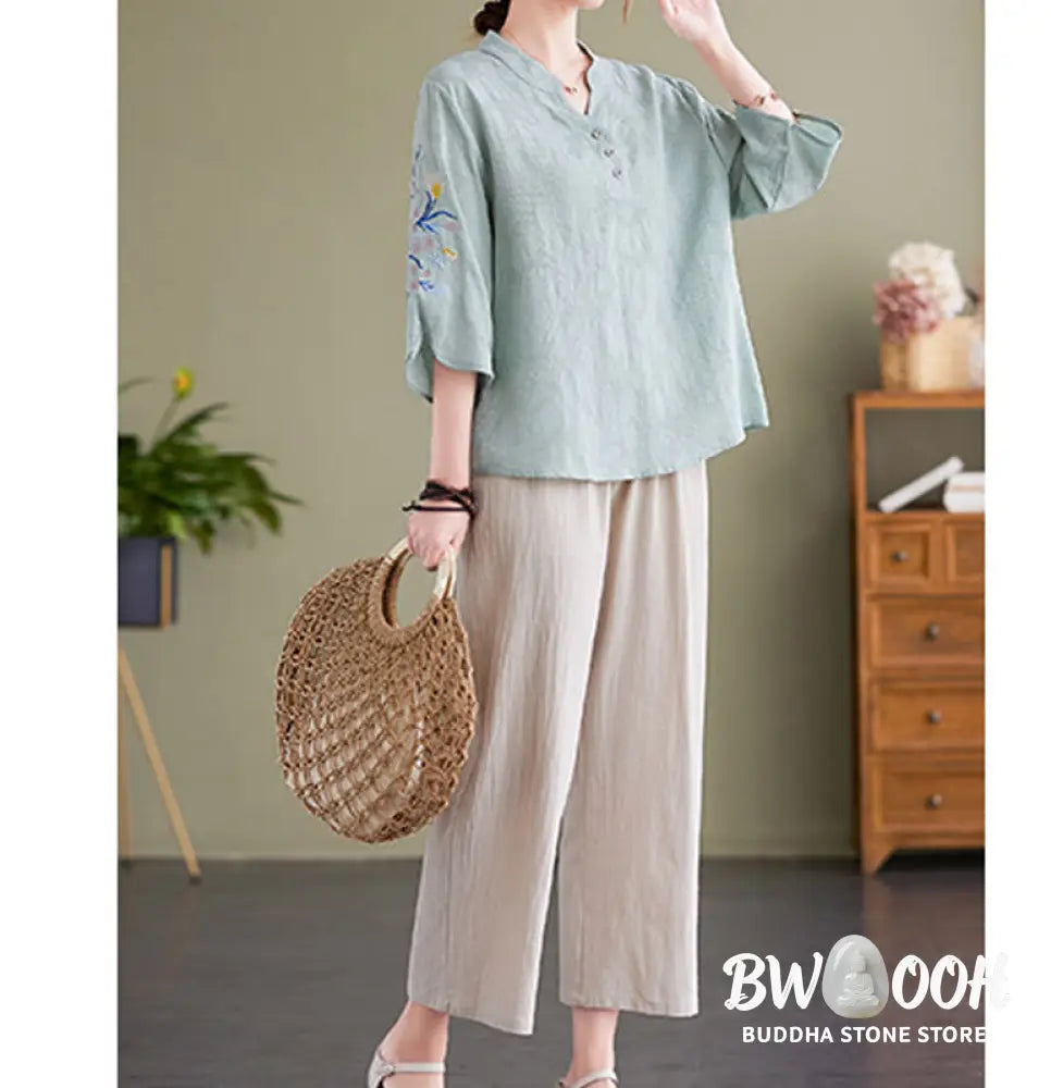 Buddha Stones Summer Embroidery Flower Three Quarter Sleeve Design Women’s Cotton Linen Notched Collar Shirt - Women’s