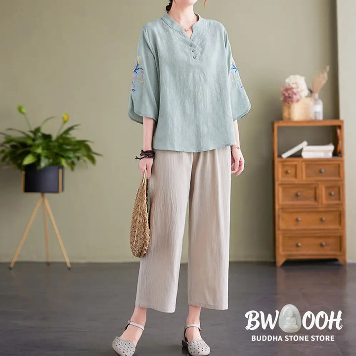Buddha Stones Summer Embroidery Flower Three Quarter Sleeve Design Women’s Cotton Linen Notched Collar Shirt - Women’s