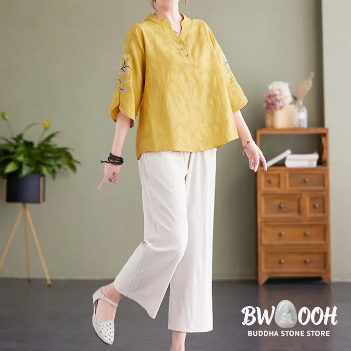 Buddha Stones Summer Embroidery Flower Three Quarter Sleeve Design Women’s Cotton Linen Notched Collar Shirt - Women’s
