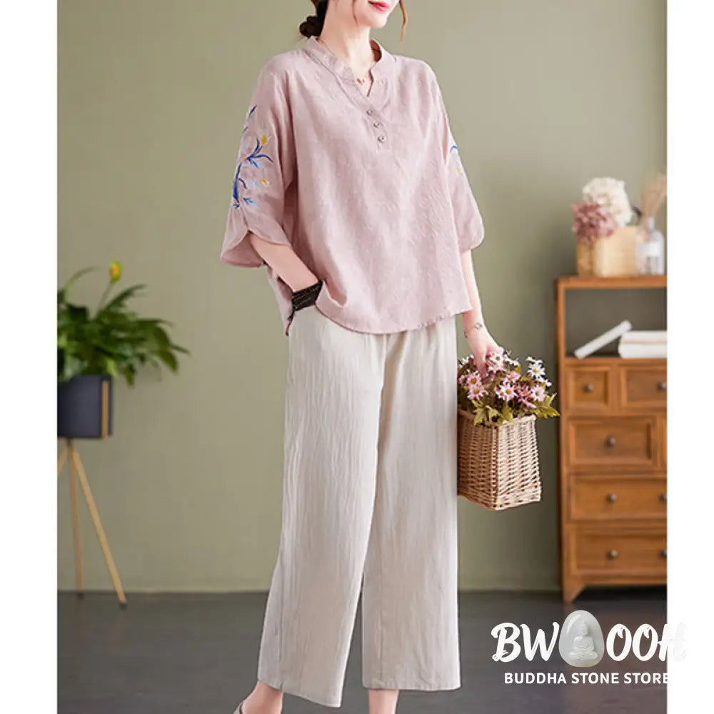 Buddha Stones Summer Embroidery Flower Three Quarter Sleeve Design Women’s Cotton Linen Notched Collar Shirt - Women’s
