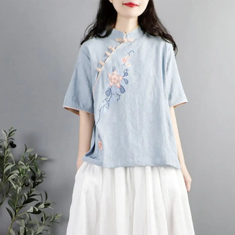 BWOOOH Summer Flower Embroidery Half Sleeve Frog-Button M