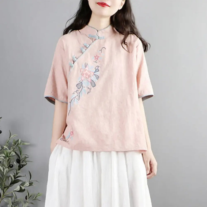 Buddha Stones Summer Flower Embroidery Half Sleeve Frog-Button Mandarin Collar Cotton Linen Women’s Shirt - MistyRose