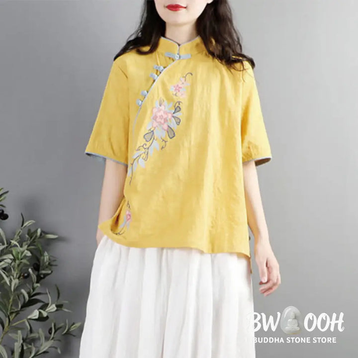 Buddha Stones Summer Flower Embroidery Half Sleeve Frog-Button Mandarin Collar Cotton Linen Women’s Shirt - Women’s